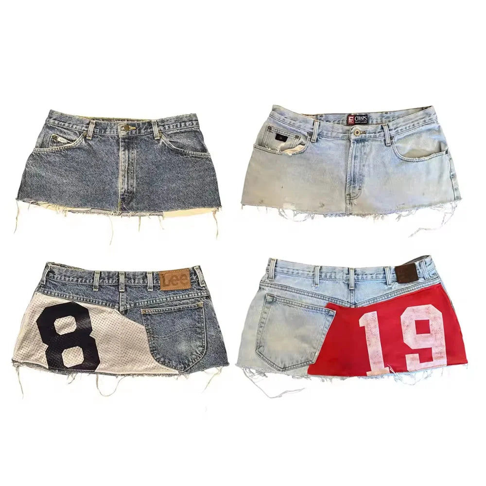 Women Sweetheart Retro Denim Short Y2K Short Skirt Hiphop Digital Patchwork Patchwork Baggy Short High Waist Slim Fit Mini Skirt