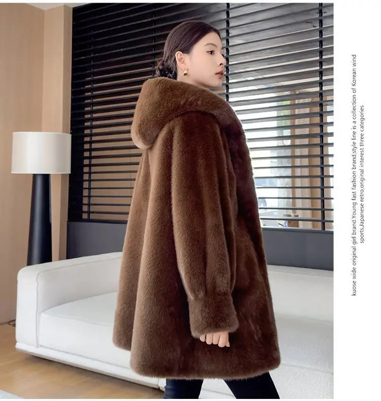 Faux Mink Fur Coat for Women,Covered Button Jackets,Hooded Overcoat,Female Clothes,Thicken Warm,Winter,New, 2025