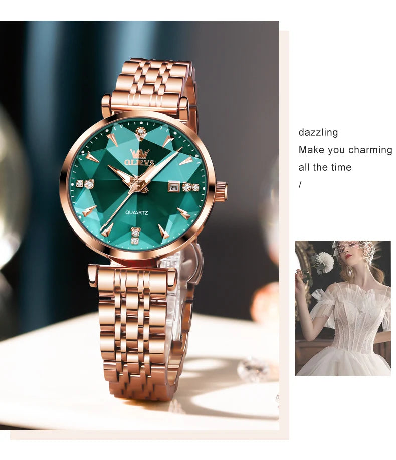 OLEVS Women Luxury Jewelry Quartz Watch Waterproof Stainless steel Strap Rose Gold Watch for Women Fashion Watch Bracelet Set