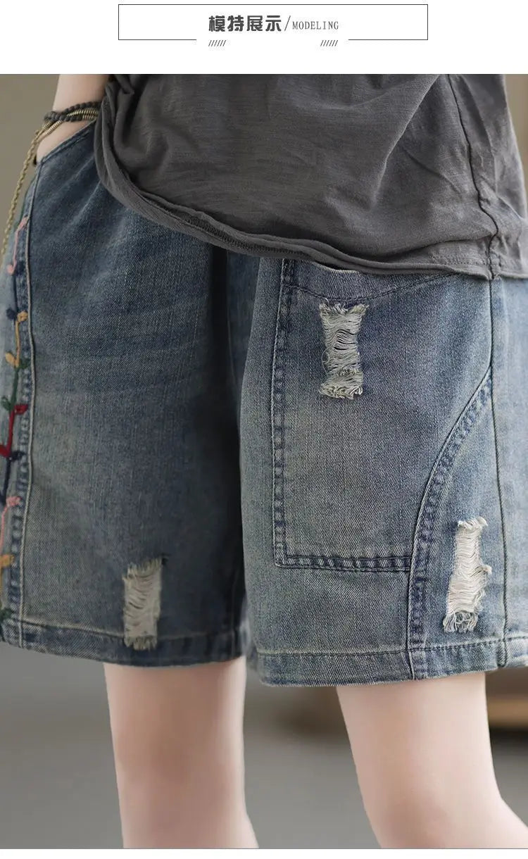 Fashion Korean High Waist Embroidery Denim Shorts for Female Summer Casual Pockets Spliced Loose Wide Leg Pants Women's Clothing