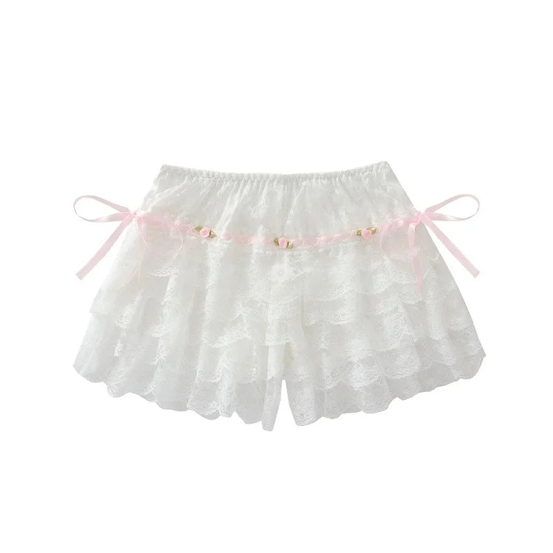 Multilayer Lace Shorts Women Lolita Ribbons Flower Ruffles Elastic Waist Cute Bottoming Shorts for Sweet Girls Kawaii Clothes