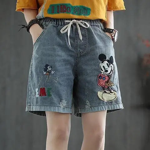 Fashion Korean High Waist Embroidery Denim Shorts for Female Summer Casual Pockets Spliced Loose Wide Leg Pants Women's Clothing