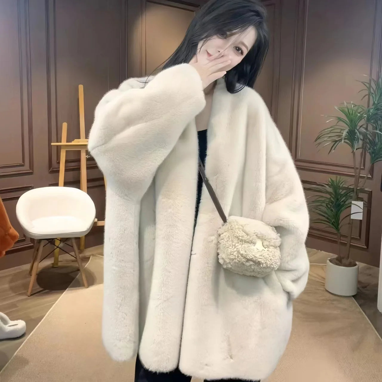 Faux Mink Fur Coat for Women, Open Stitch Jacket,V-Neck Outwear,Thick Furry,Autumn and Winter,New,2024