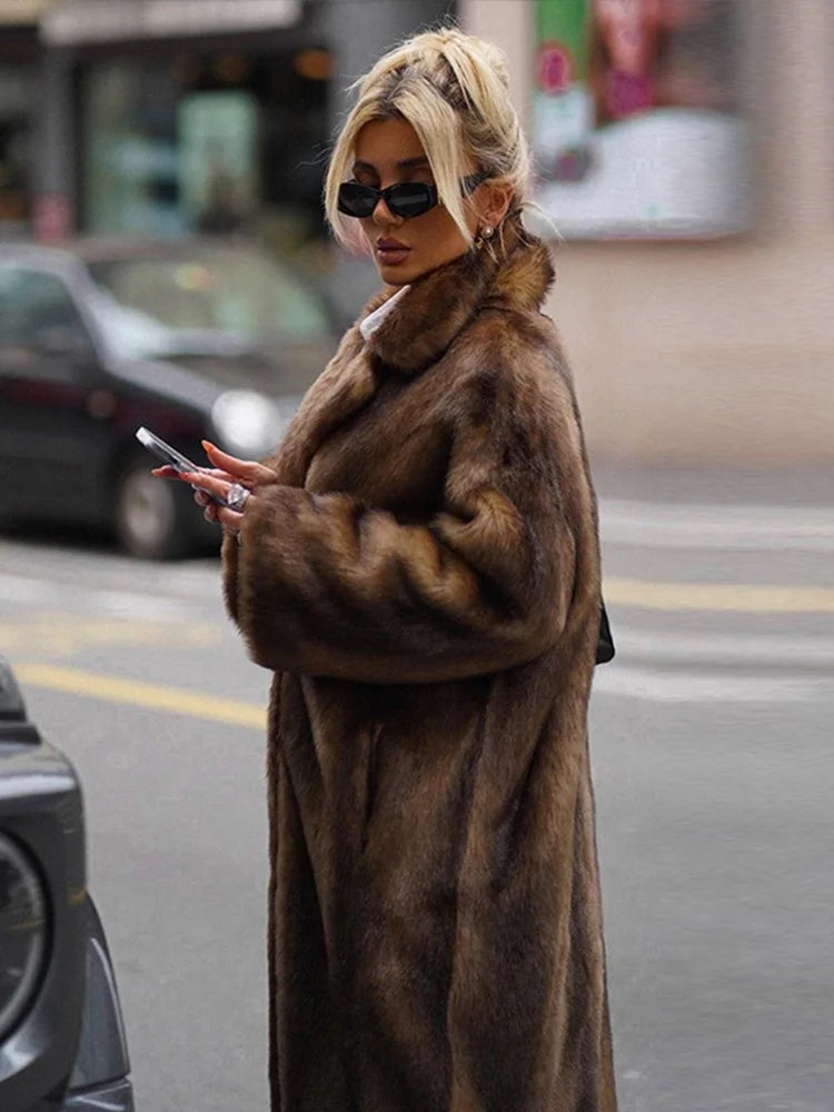 Vintage Long Fur Coat Cardigan Deep Brown Loose Classic Faux Fur Elegant Women Trench Overcoat Jacket Winter Plush Outwear Top
