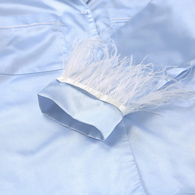 Women 2PCS Pajamas Patchwork Feather Cuffs Solid Color Long Sleeve Lapel Button Shirt with Short Pants Loose Loungewear Outfits