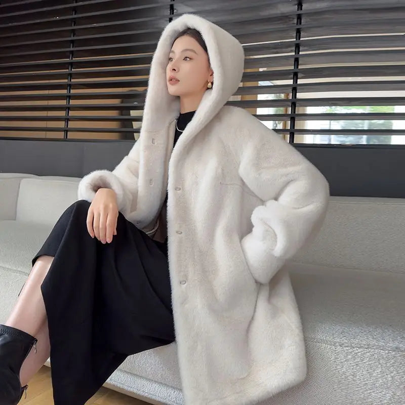 Faux Mink Fur Coat for Women,Covered Button Jackets,Hooded Overcoat,Female Clothes,Thicken Warm,Winter,New, 2025