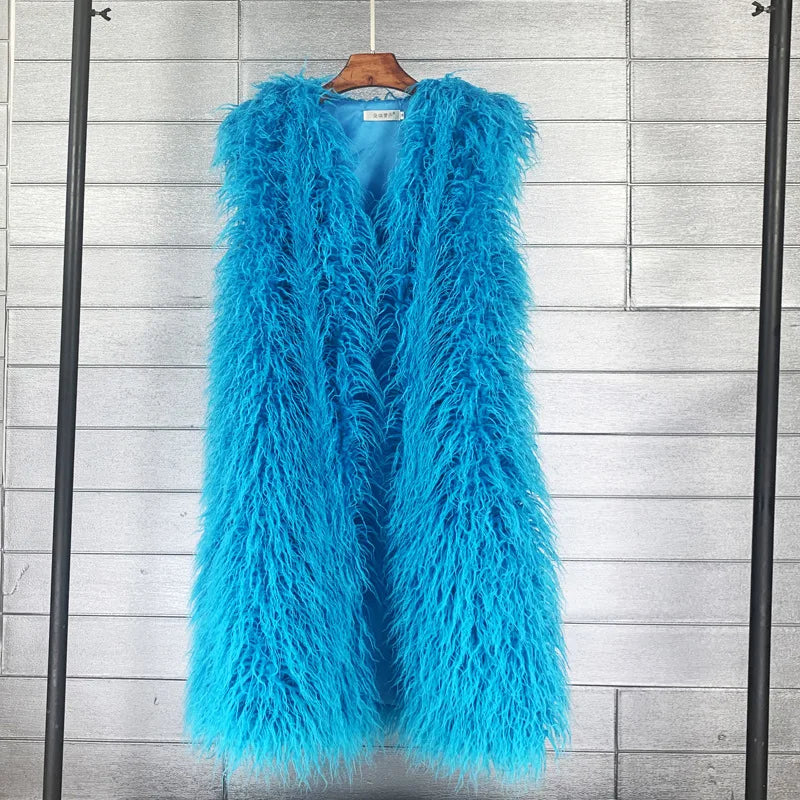 Winer Women Warm Faux Fur Plush Coats Mongolia Sheep Fur Women Long Vest Female Jacket Autumn Furry Sleeveless Outerwear 2024