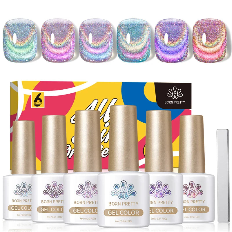 BORN PRETTY 6PCS Pink Ocean Cat Nail Gel Polish Set With Magnet Stick Jelly Holographics Magnetic Nail Kit Salon Art Manicure