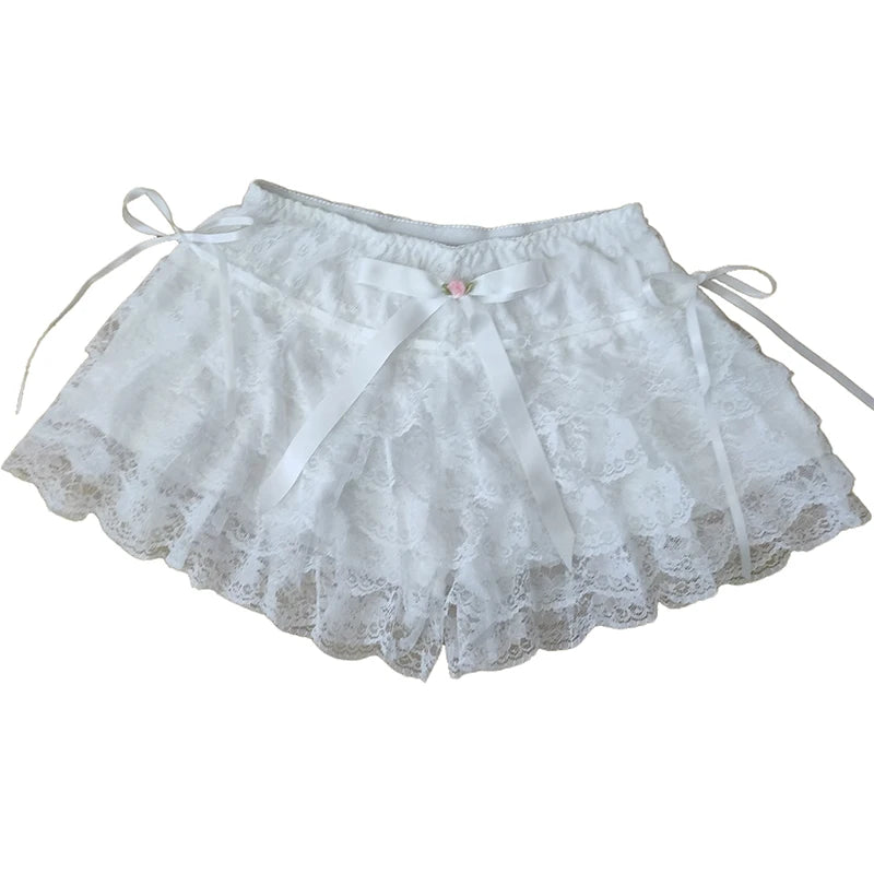 Multilayer Lace Shorts Women Lolita Ribbons Flower Ruffles Elastic Waist Cute Bottoming Shorts for Sweet Girls Kawaii Clothes
