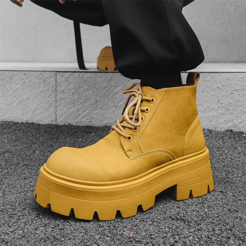 Korean style men fashion platform boots black white genuine leather shoes cowboy chunky boot spring autumn cool ankle botas mans