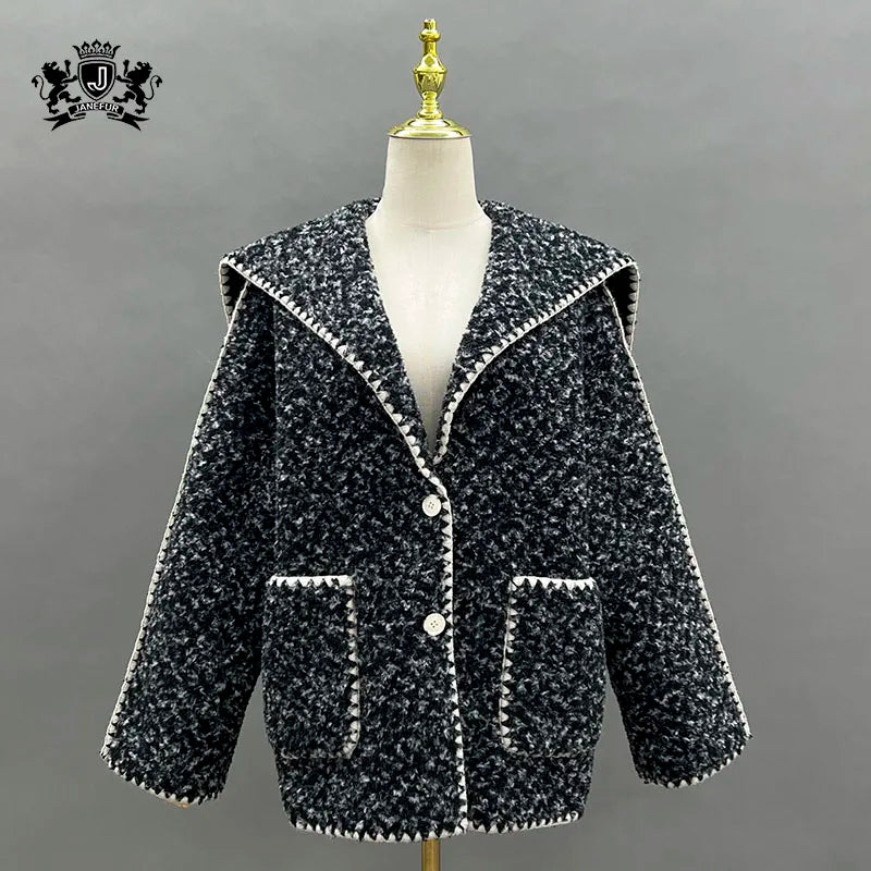 Women's Autumn Winter Coat Navy Collar Casual Fashion Thick Coat Faux Fur Jacket JFB14-24072
