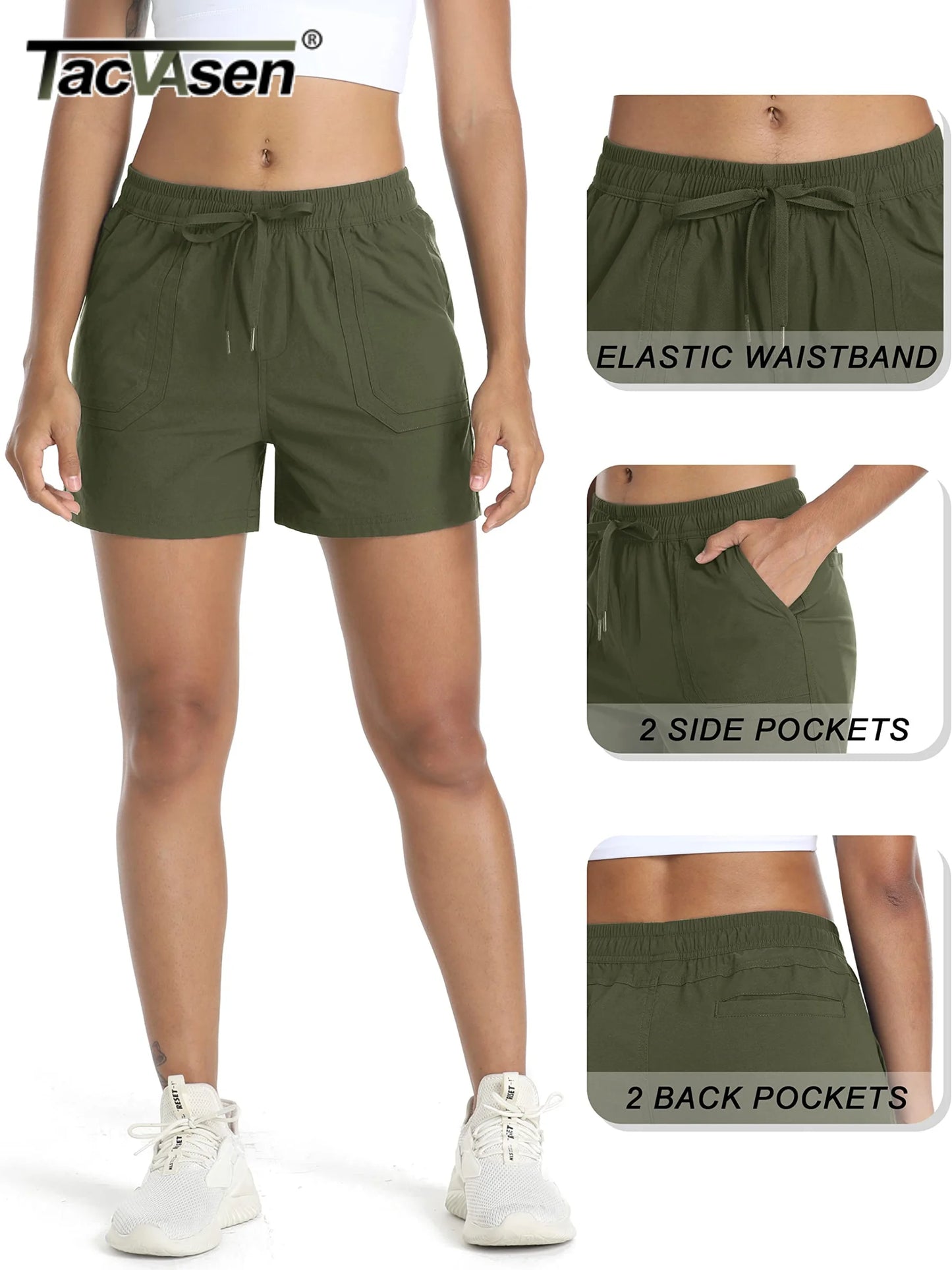 TACVASEN Quick Dry Hiking Cargo Shorts Womens Summer Outdoor Athletic Short Pants Elastic Waist Drawstring 4 Pockets Gym Shorts
