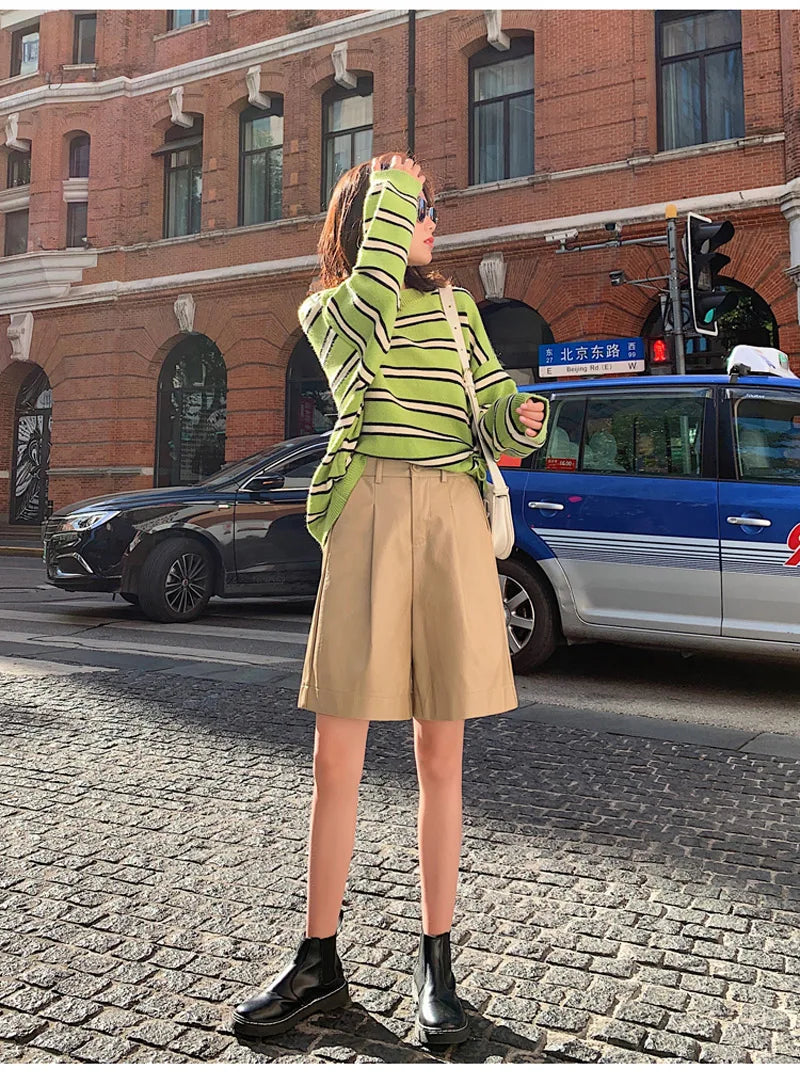 QOERLIN S-4XL Fashion PU Leather Shorts Women's Autumn Winter Bermuda Elastic Waist Loose Five Points Leather Trousers Shorts