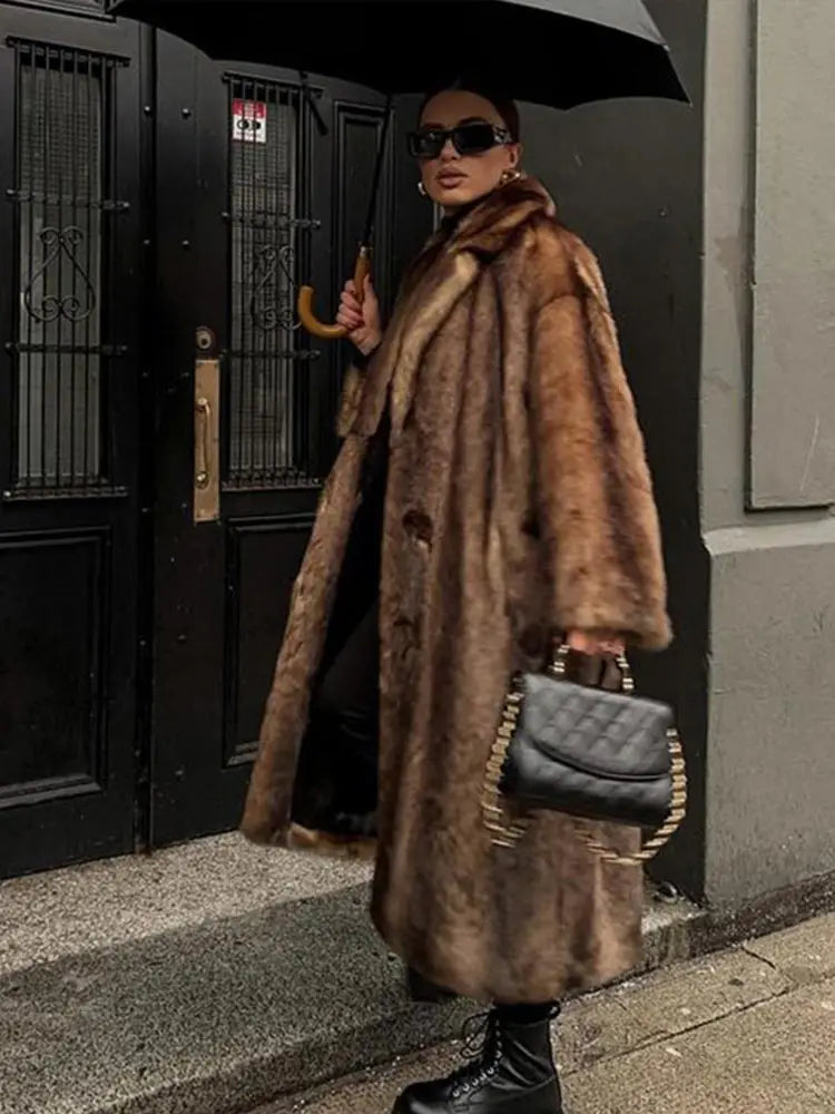 Vintage Long Fur Coat Cardigan Deep Brown Loose Classic Faux Fur Elegant Women Trench Overcoat Jacket Winter Plush Outwear Top