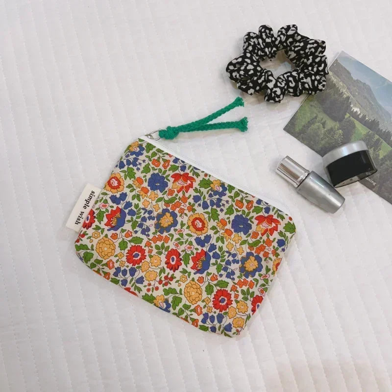Fresh Floral Print Cotton Lipstick Purse Mini Storage Small Cloth Bag Headphone Bag Travel Cosmetic Pouch Make Up Storage Bag