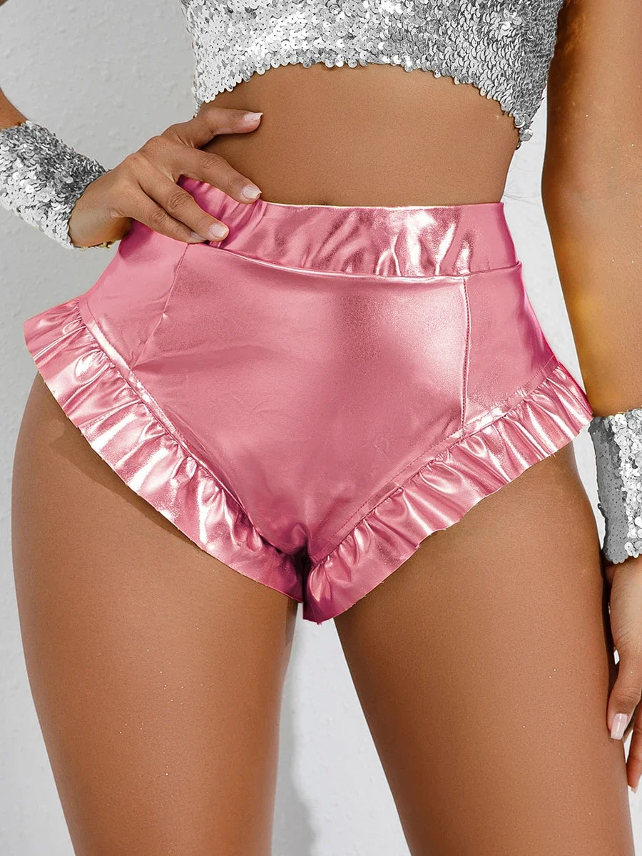 Women PU Leather Shorts Sexy Ruffle Metallic Booty Shorts High Waist Hot Pants Shiny Slim Fit Club Dance Shorts Festival Bottoms