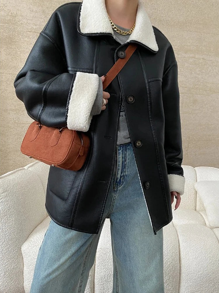 [LANMREM] Faux Fur Thick Warm Coats Lapel Single Breasted Office Lady Elegant Female Outwear Fashion 2025 Winter New 26C1095