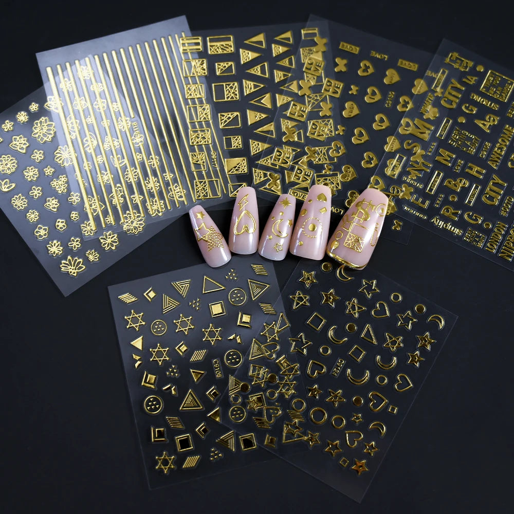 3D Gold Bronzing Moon Star Nail Stickers 20/30pcs Metallic Geometry Line Nail Decals Adhesive Metallic Laser Manicure Slider 6cm