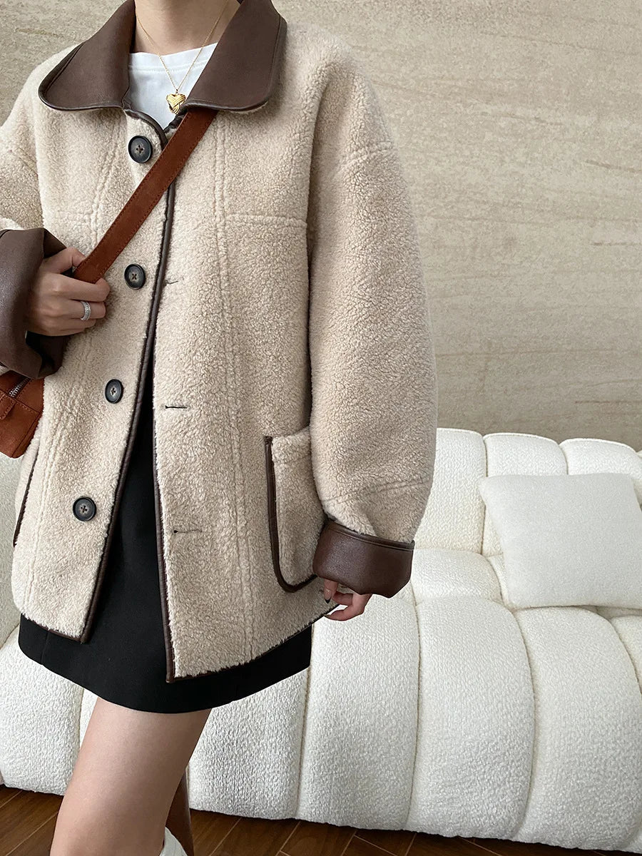 [LANMREM] Faux Fur Thick Warm Coats Lapel Single Breasted Office Lady Elegant Female Outwear Fashion 2025 Winter New 26C1095