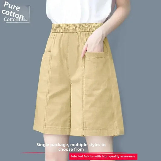 Summer New Cotton Casual Pure Color Mommy Pants High Waist Short Shorts Five-Point Pocket Slim Wide Leg Shorts for Women