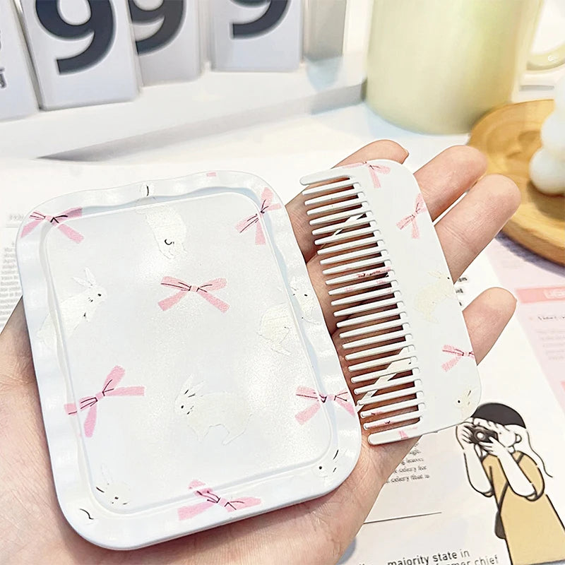 White Rabbit Bow Flip-Top Folding Makeup Mirror Portable Pocket Mirror Women Rectangle Cosmetic Make Up Mirror With Comb