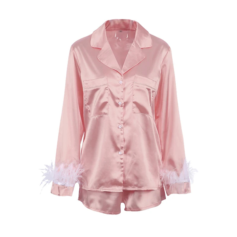 Women 2PCS Pajamas Patchwork Feather Cuffs Solid Color Long Sleeve Lapel Button Shirt with Short Pants Loose Loungewear Outfits