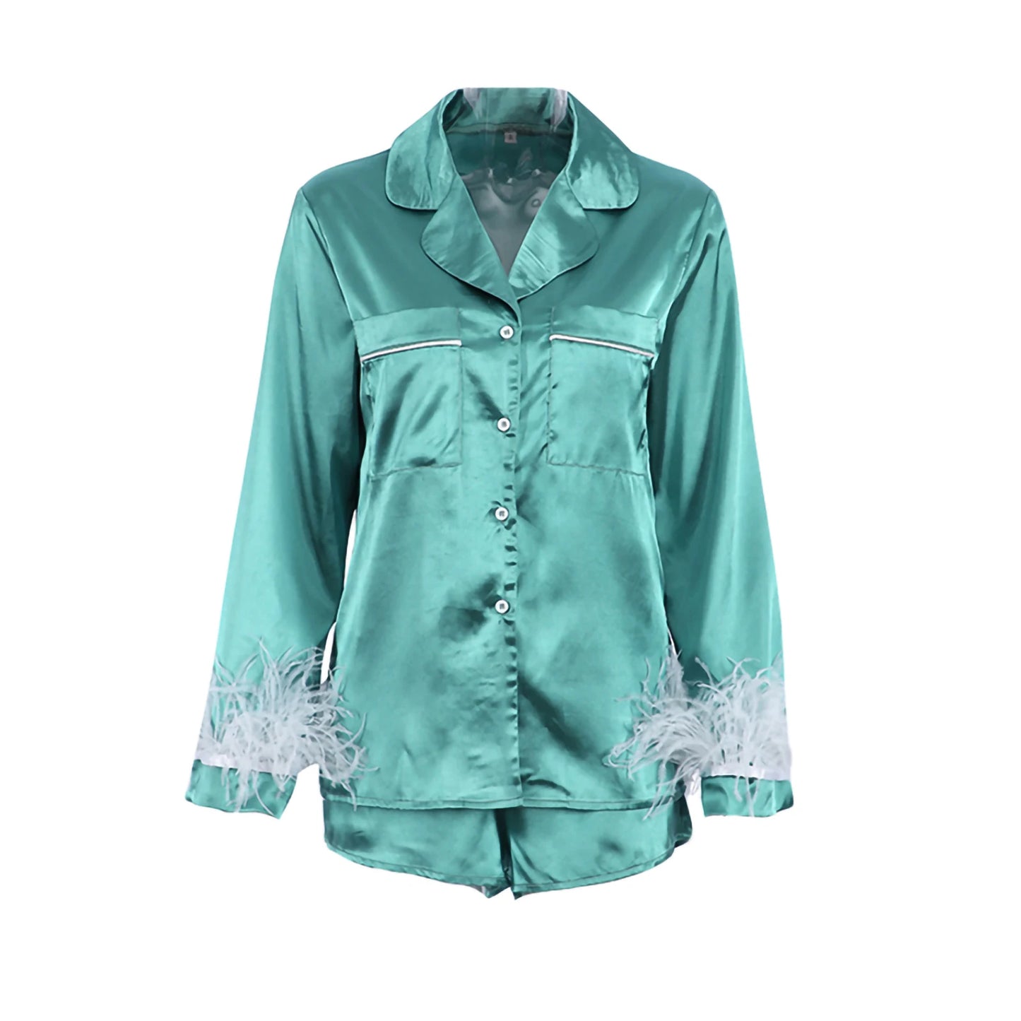 Women 2PCS Pajamas Patchwork Feather Cuffs Solid Color Long Sleeve Lapel Button Shirt with Short Pants Loose Loungewear Outfits