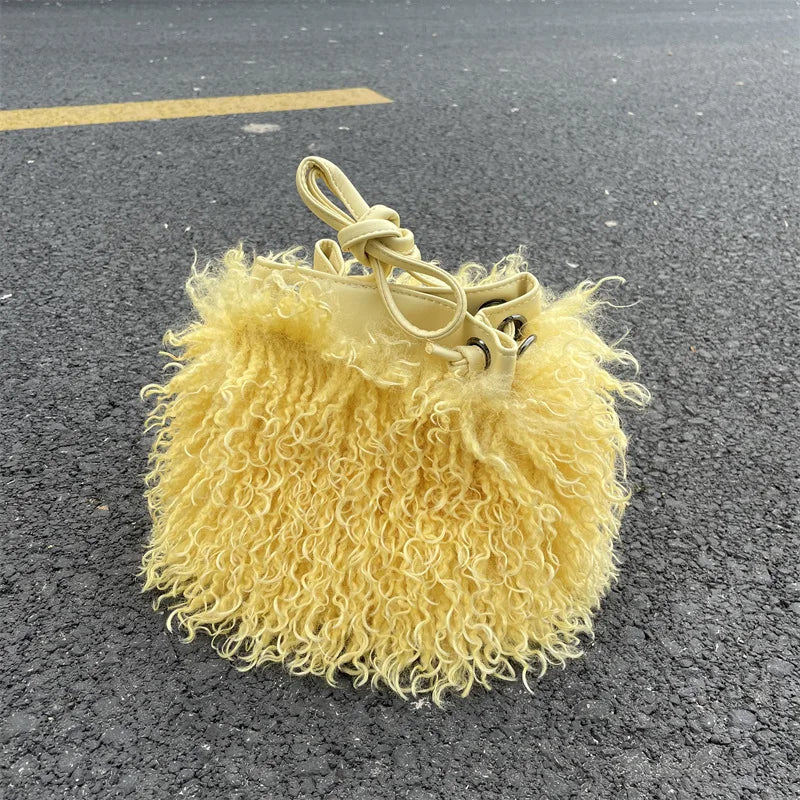 Luxury Colorful Tassels Furry Drawstring Bucket Bag Women Plush Handbag Harajuku Street Punk Y2k Hot Girls Faux Fur Shoulder Bag