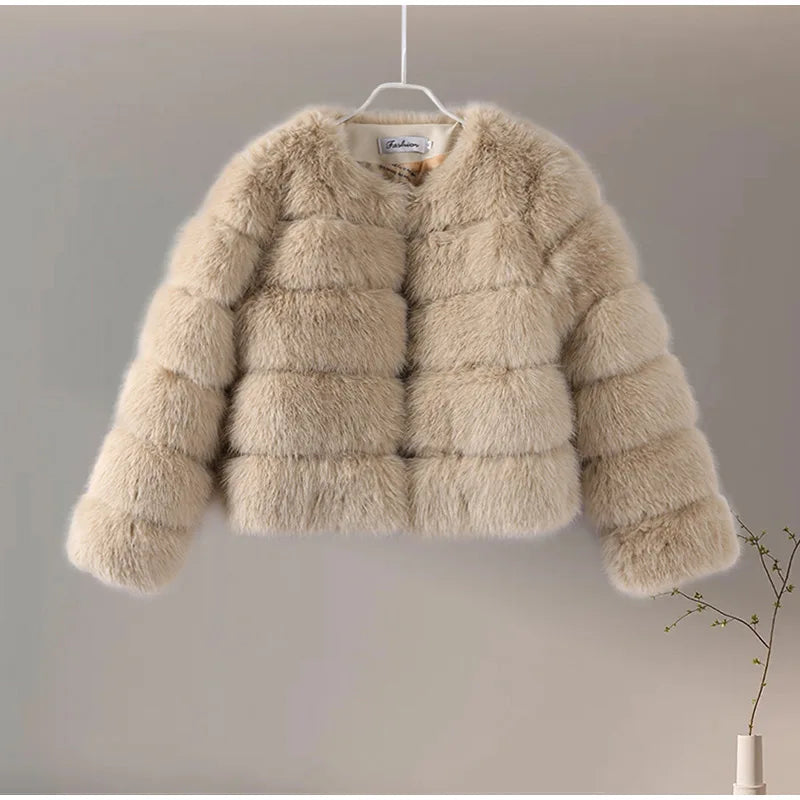 Fur Faux Jacket Women Coat Elegant Round Neck Long Sleeve Furry Female Coats 2024 Winter Fashion Lady Warm Solid Streetwears