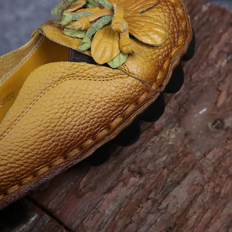 Genuine Leather Ballet Flats Women's Slip On Loafers Vintage Handmade Flower Soft Muffin Platform Casual Walk Dress Shoes Woman
