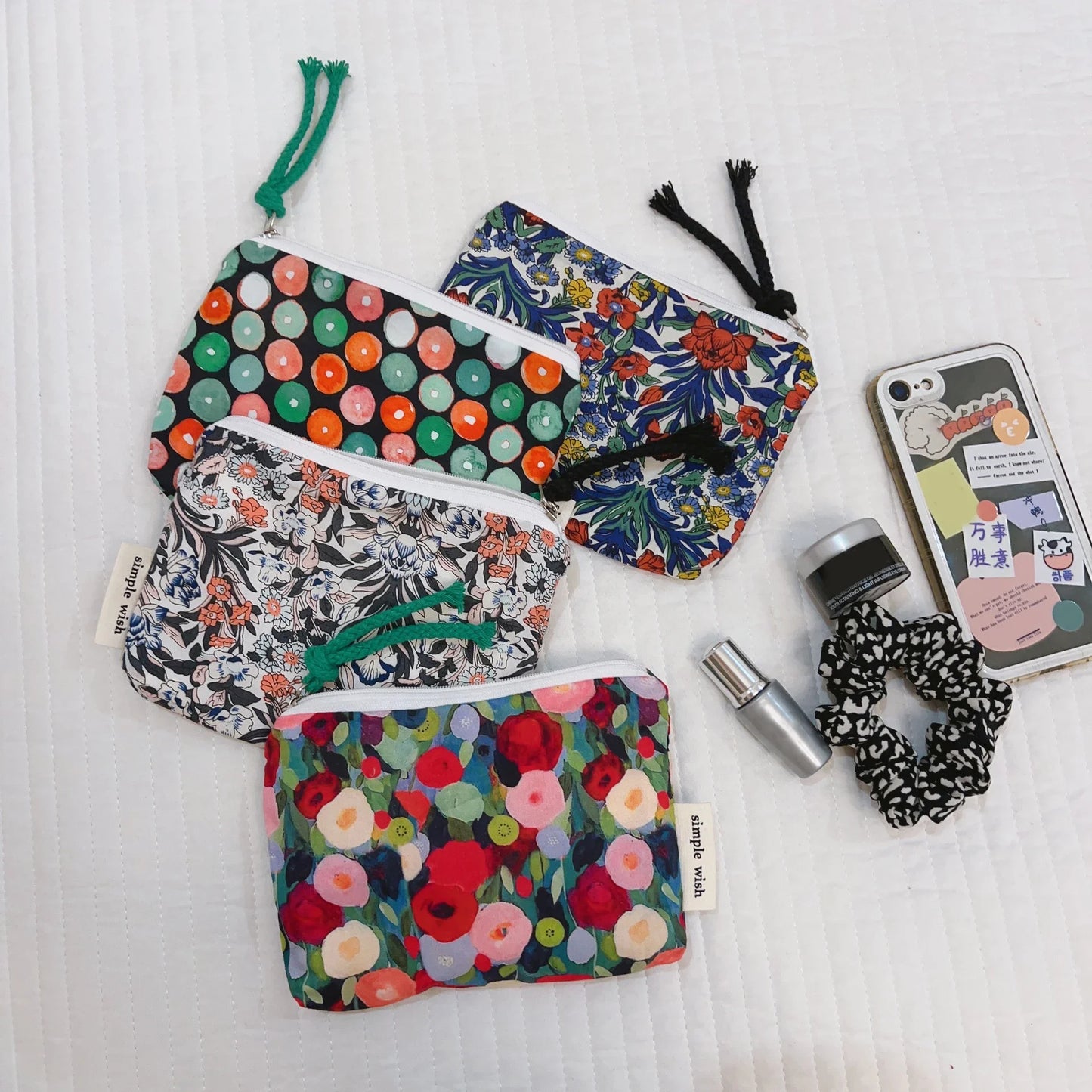 Fresh Floral Print Cotton Lipstick Purse Mini Storage Small Cloth Bag Headphone Bag Travel Cosmetic Pouch Make Up Storage Bag