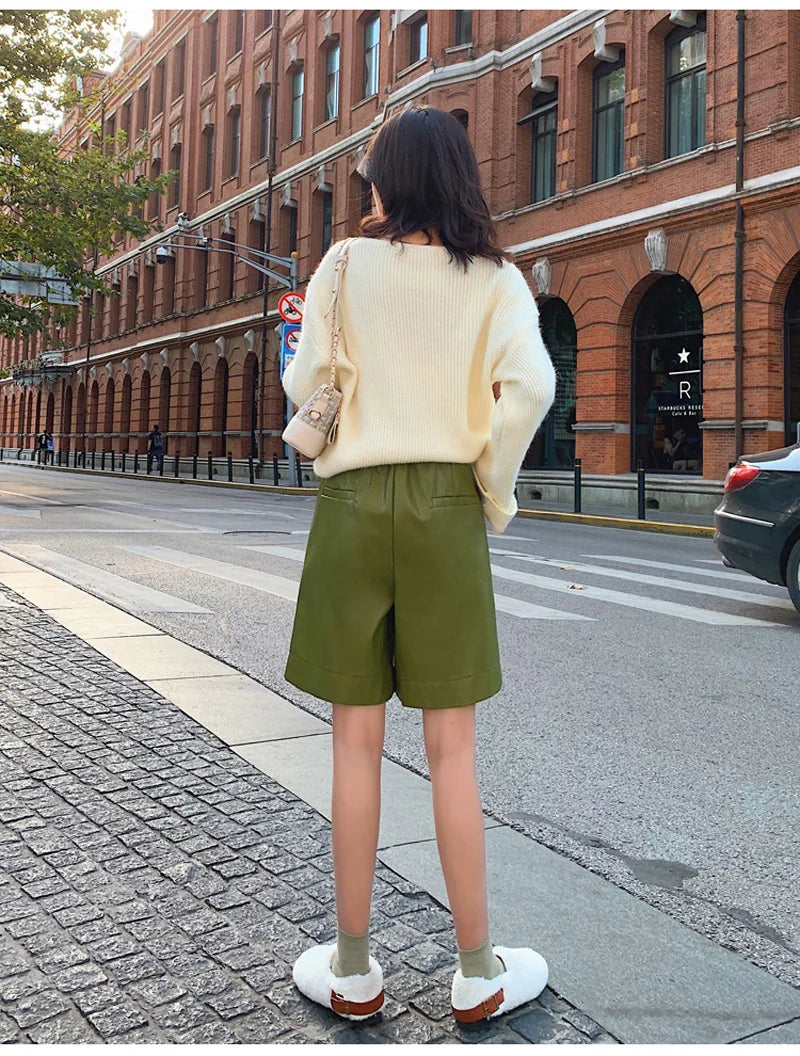 QOERLIN S-4XL Fashion PU Leather Shorts Women's Autumn Winter Bermuda Elastic Waist Loose Five Points Leather Trousers Shorts