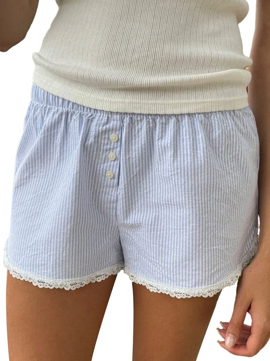 Retro Front Button Shorts Pants Y2K Kawaii Lace Trim Striped Print Lounge Pajamas Shorts Casual Elastic Waist Going Out Shorts