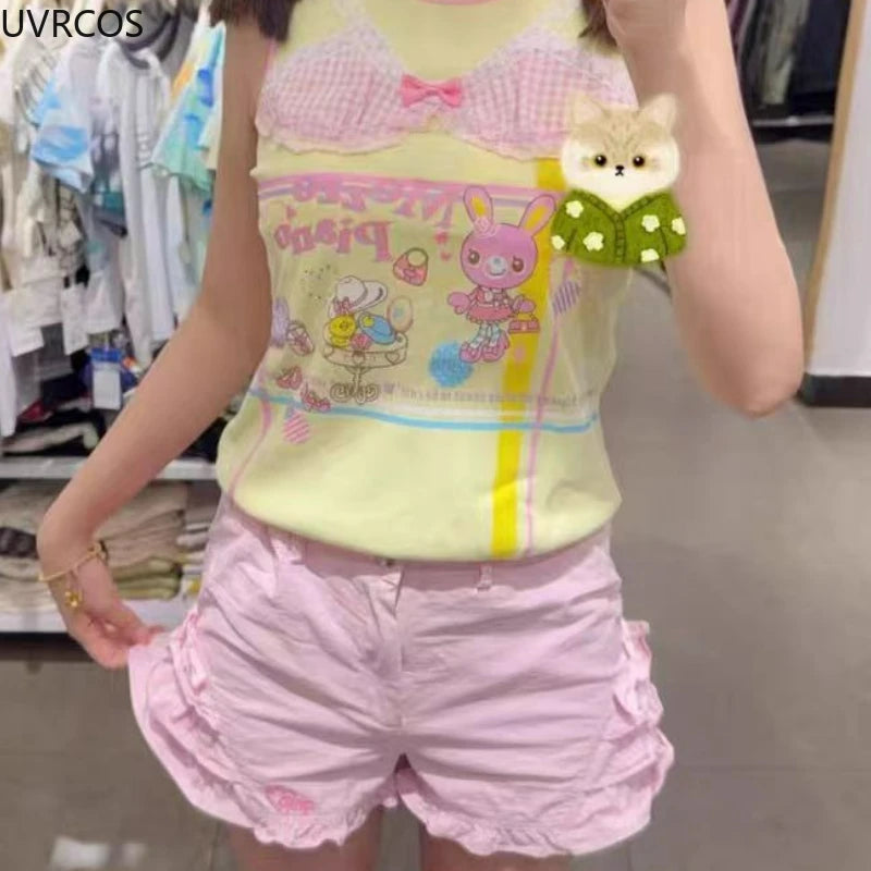 Pink Sweet Lolita Style Shorts Women Summer Kawaii Elastic Waist Ruffles Bow Short Pants Girl Japanese Y2k Aesthetic Cute Shorts