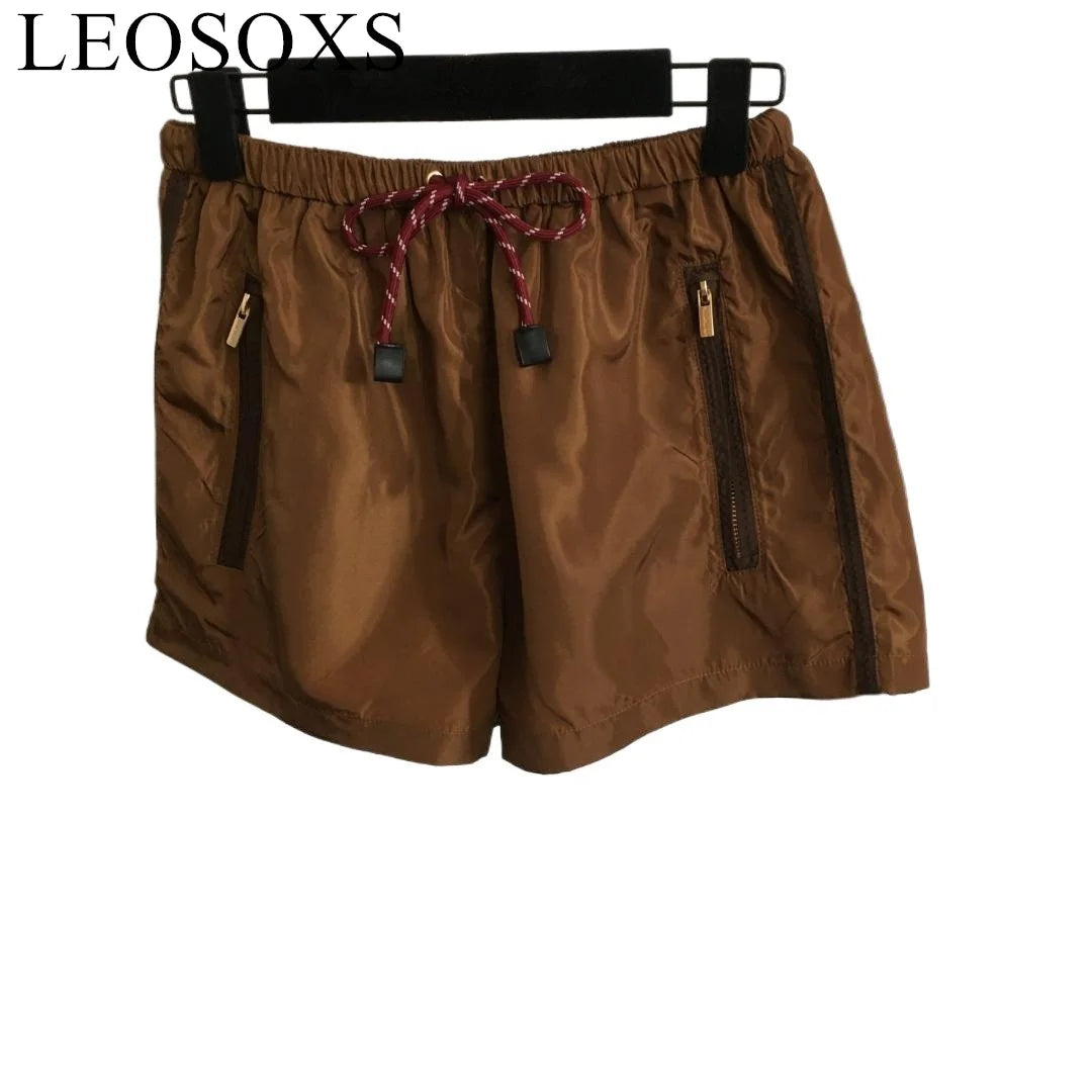 Shorts Women's Summer Elastic Lace Up Shorts Solid High Waist Brown Shorts Female Brand Design Fashion Casual Short Pants Beach
