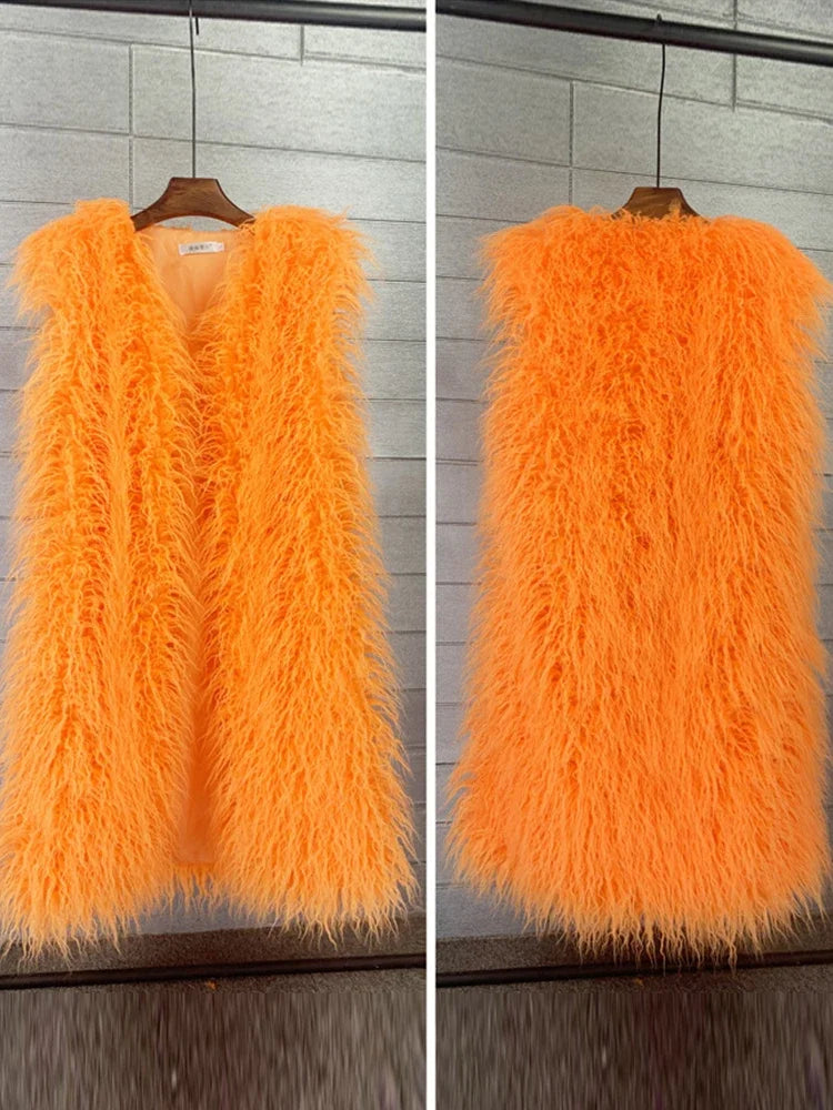 Winer Women Warm Faux Fur Plush Coats Mongolia Sheep Fur Women Long Vest Female Jacket Autumn Furry Sleeveless Outerwear 2024