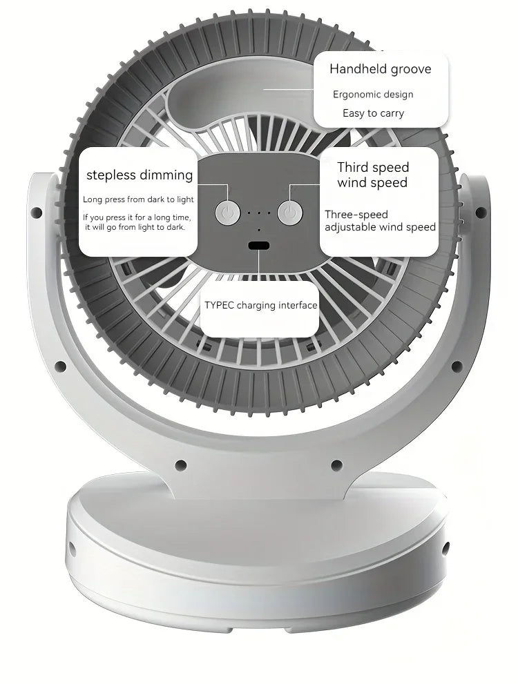 360-Degree Rotatable White Desk Fan with Night Light Charging Air Cycle Desktop Fan Adjustable Airflow for Indoor & Outdoor Use