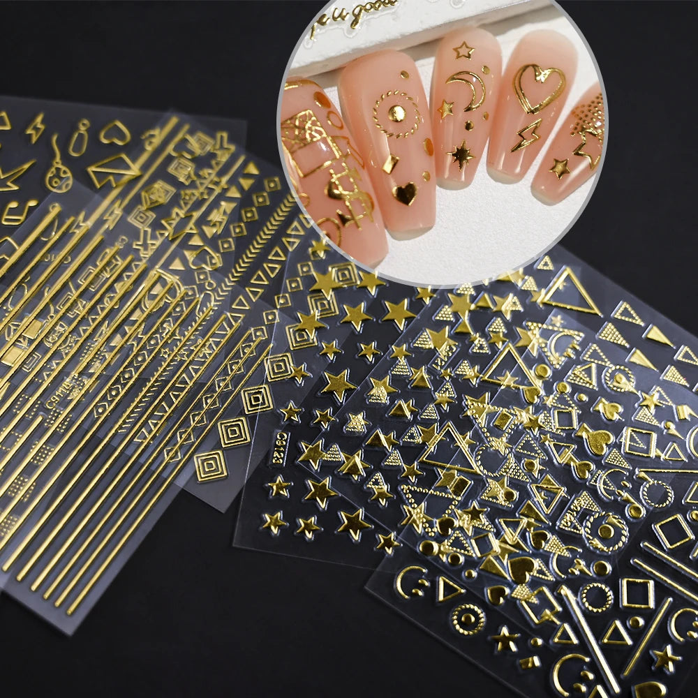 3D Gold Bronzing Moon Star Nail Stickers 20/30pcs Metallic Geometry Line Nail Decals Adhesive Metallic Laser Manicure Slider 6cm