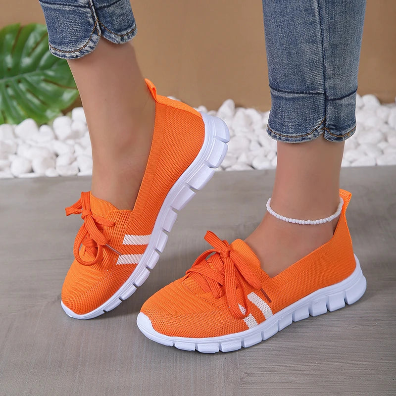 Lightweight Women Casual Shoes Mesh Breathable Casual Sneakers Woman Striped Knitted Flats Comfortable Walking Shoes Plus Size