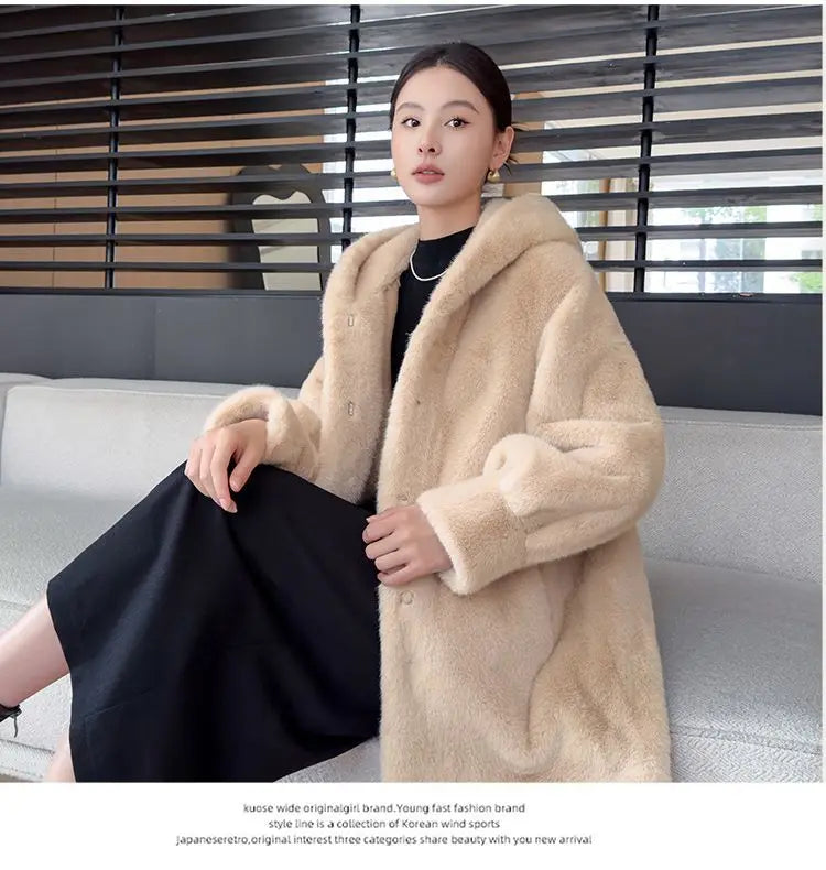 Faux Mink Fur Coat for Women,Covered Button Jackets,Hooded Overcoat,Female Clothes,Thicken Warm,Winter,New, 2025