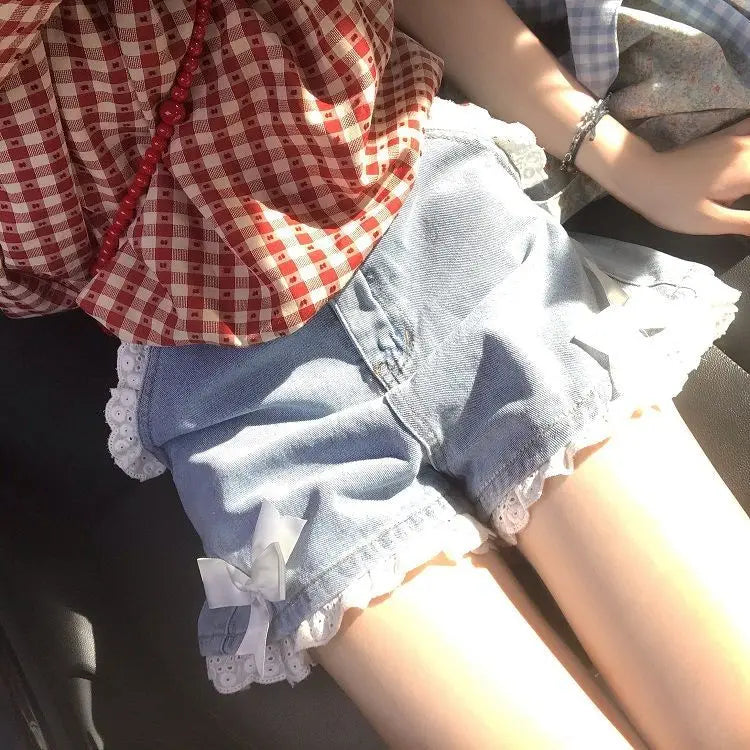 Japanese Preppy Style Bow Lace Patchwork Y2k Shorts Women Summer Straight Hotsweet High Waist Denim Short Pants Ruched