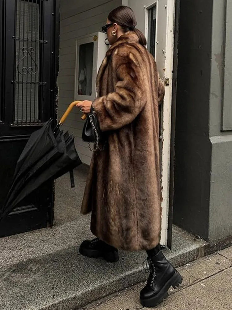 Vintage Long Fur Coat Cardigan Deep Brown Loose Classic Faux Fur Elegant Women Trench Overcoat Jacket Winter Plush Outwear Top