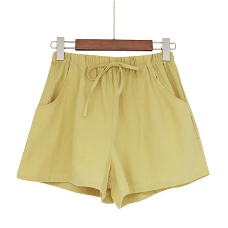 Women Solid Color Shorts High Waist Cotton And Linen Shorts Linen Slimming Loose Hot Pants Light Casual Elastic Waist Pants