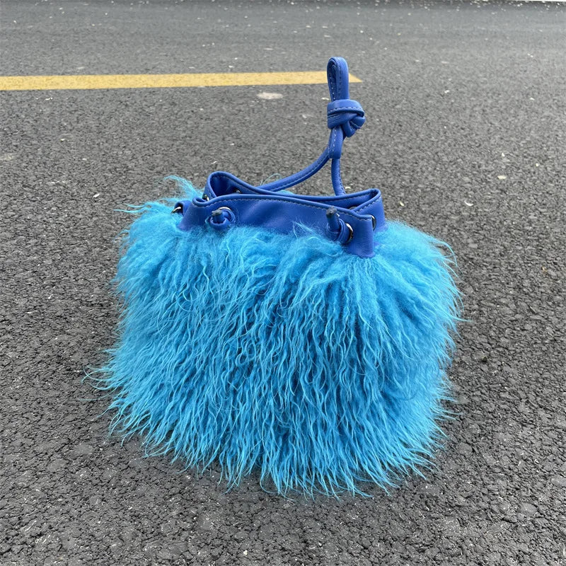 Luxury Colorful Tassels Furry Drawstring Bucket Bag Women Plush Handbag Harajuku Street Punk Y2k Hot Girls Faux Fur Shoulder Bag