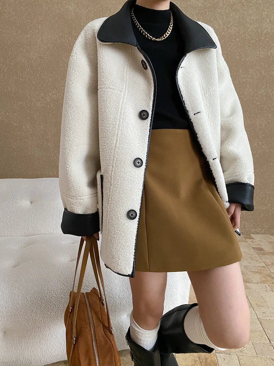 [LANMREM] Faux Fur Thick Warm Coats Lapel Single Breasted Office Lady Elegant Female Outwear Fashion 2025 Winter New 26C1095