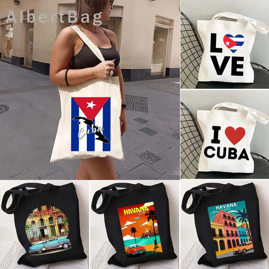Cuba Country Map Flag Havana Travel Cuban Watercor Shopper Harajuku Canvas Totes Bag Cubana Girl Gift Love Heart Cotton Handbags