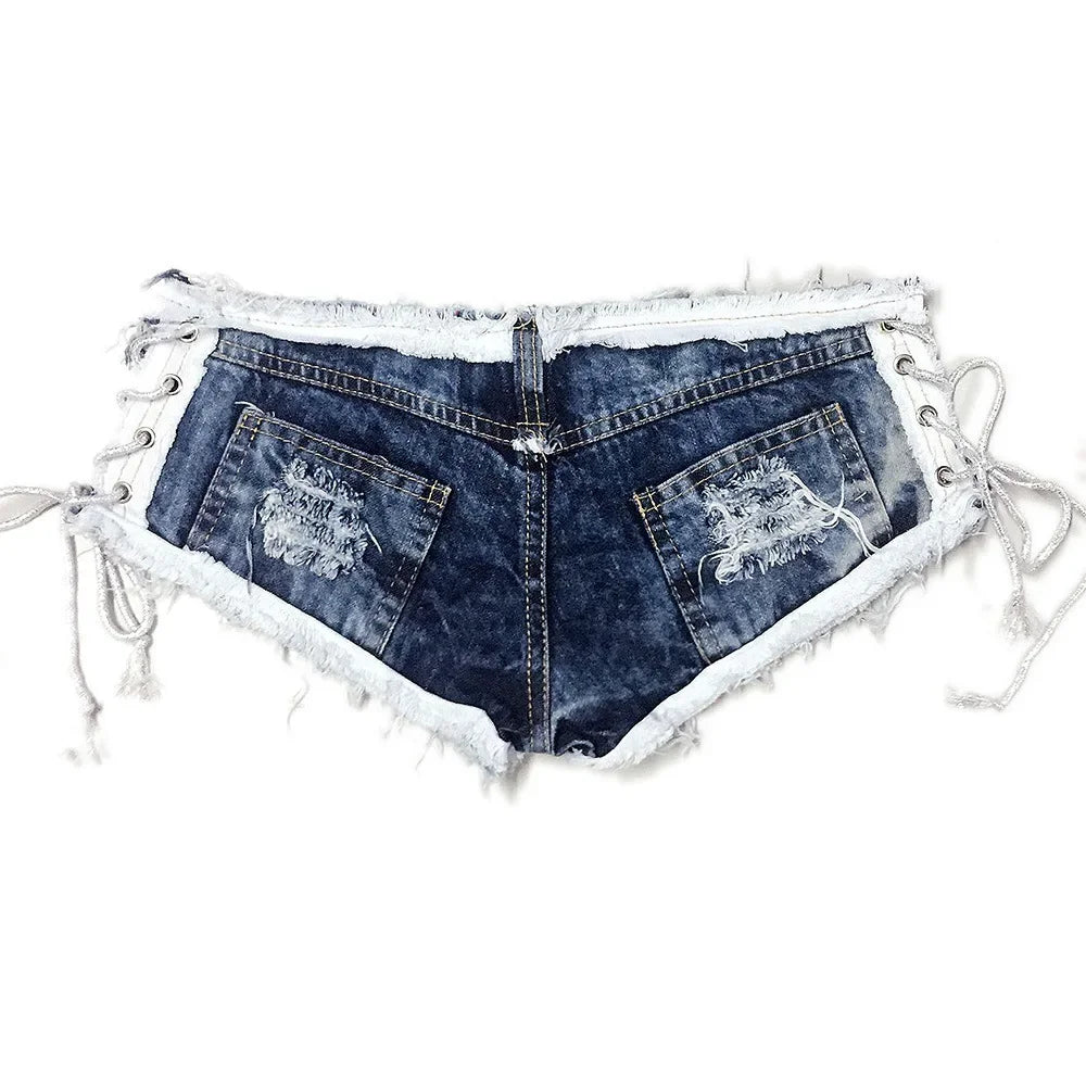 Summer New Ultra-short Side Strap Bandage Denim Shorts For Women Blue Low Waist Hole Short Jeans Feminino