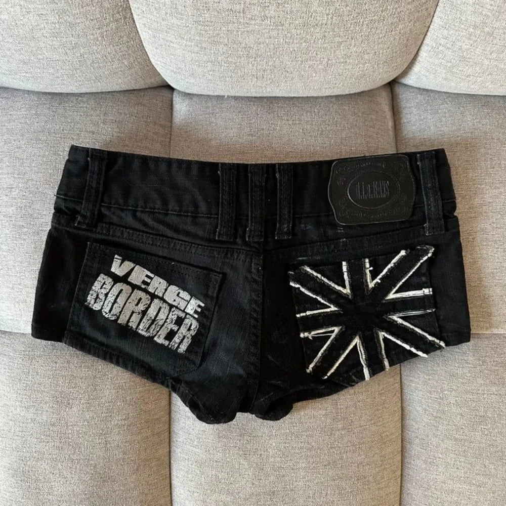 Hip hop fashion street clothing graphic printing style women black shorts ins y2k goth slim denim shorts