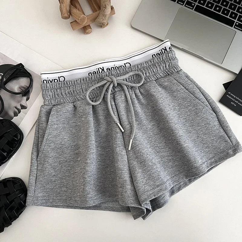 High Waist Drawstring Elastic Shorts Casual Sports Hot Pants Women's Summer New Letter Print Slimming Fake Two-Piece Pants