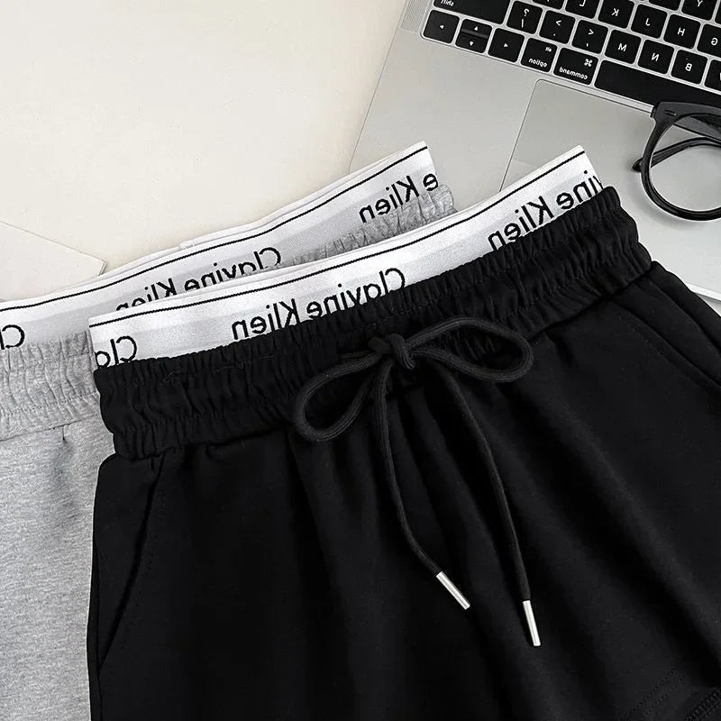 High Waist Drawstring Elastic Shorts Casual Sports Hot Pants Women's Summer New Letter Print Slimming Fake Two-Piece Pants